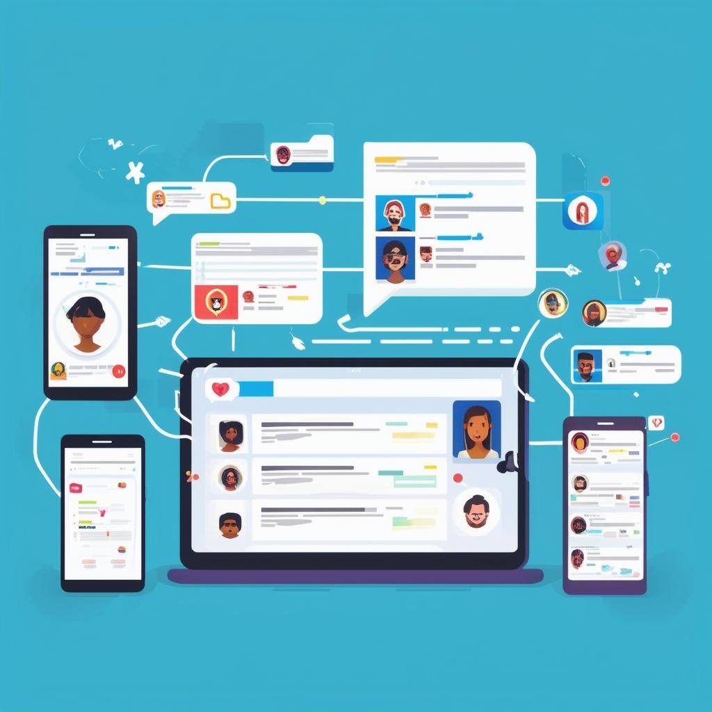 Create an image showing various social media platforms on multiple devices, including phones, tablets, and laptops